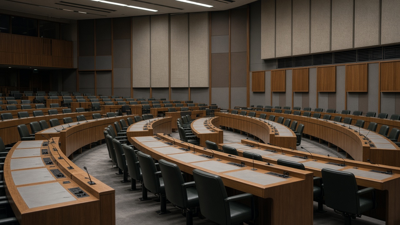 United Nations General Assembly chamber interior with rows of delegate desks and muted wood panels, overhead fluorescent light, empty seats, no flags or readable text