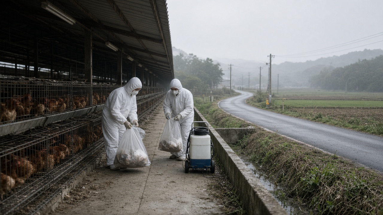 A photoreal morning scene at a Taiwanese poultry farm: an empty chicken barn aisle, two workers in white protective suits and masks carrying sealed bags beside a disinfection sprayer, a rural road curving through misty fields that suggest a surveillance perimeter, documentary health-news lighting, no logos or readable text.