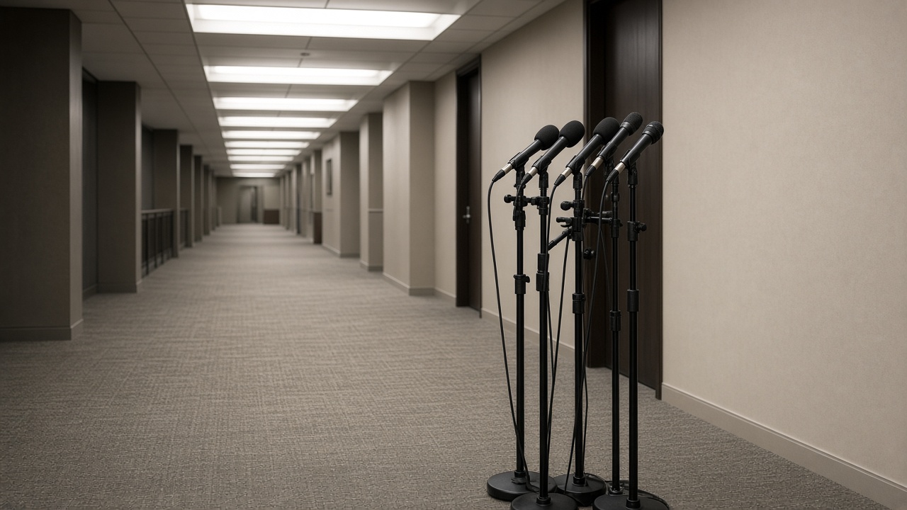 Press gallery corridor in Parliament House with microphones on stands, neutral carpet, fluorescent light, no logos or readable text