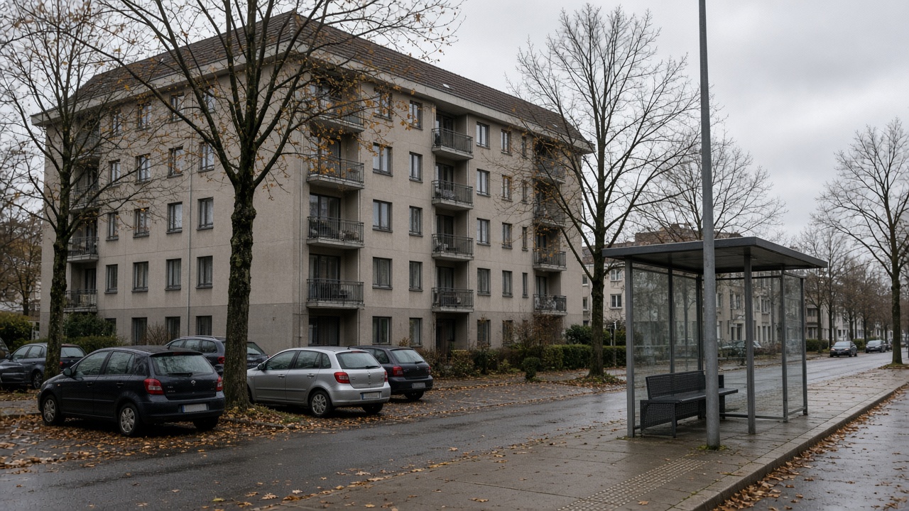 Mid-rise apartment facade beside a suburban tram stop on an overcast afternoon, street trees, parked cars, no logos or readable text