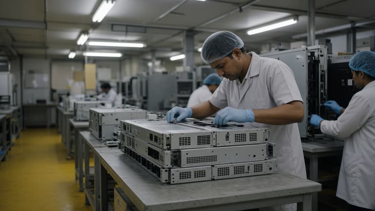 Workers on an electronics assembly line in Bengaluru handling rack-mount telecom chassis with yellow ESD flooring and overhead fluorescent light, no logos or readable text.