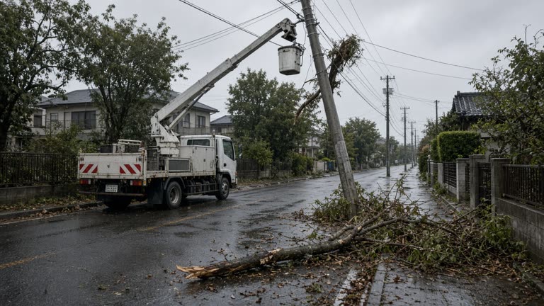 Utility repair bucket truck beside a leaning power pole on a suburban Chiba street after heavy rain, wet asphalt and fallen branches, overcast daylight, no logos or readable text
