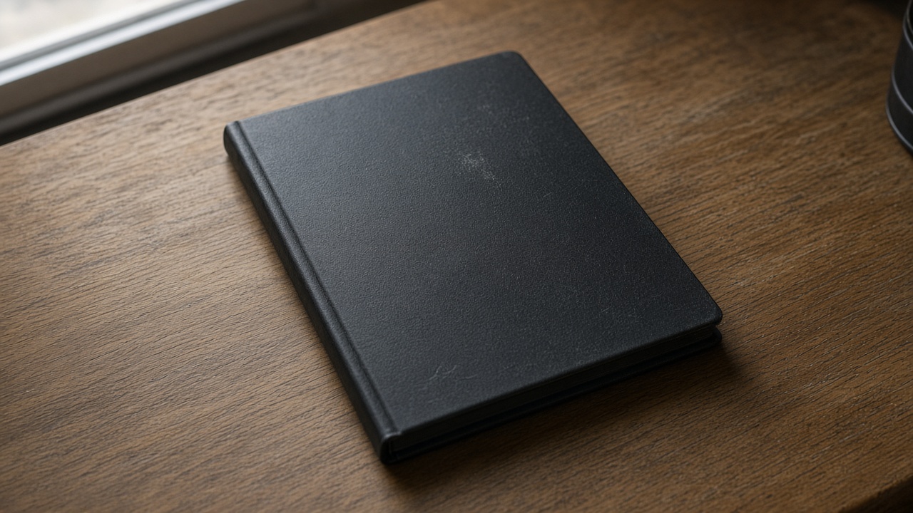 Closed unlabeled black hardcover notebook face-down on a wood desk, blank cover, overcast window light, no people, no logos, no readable text