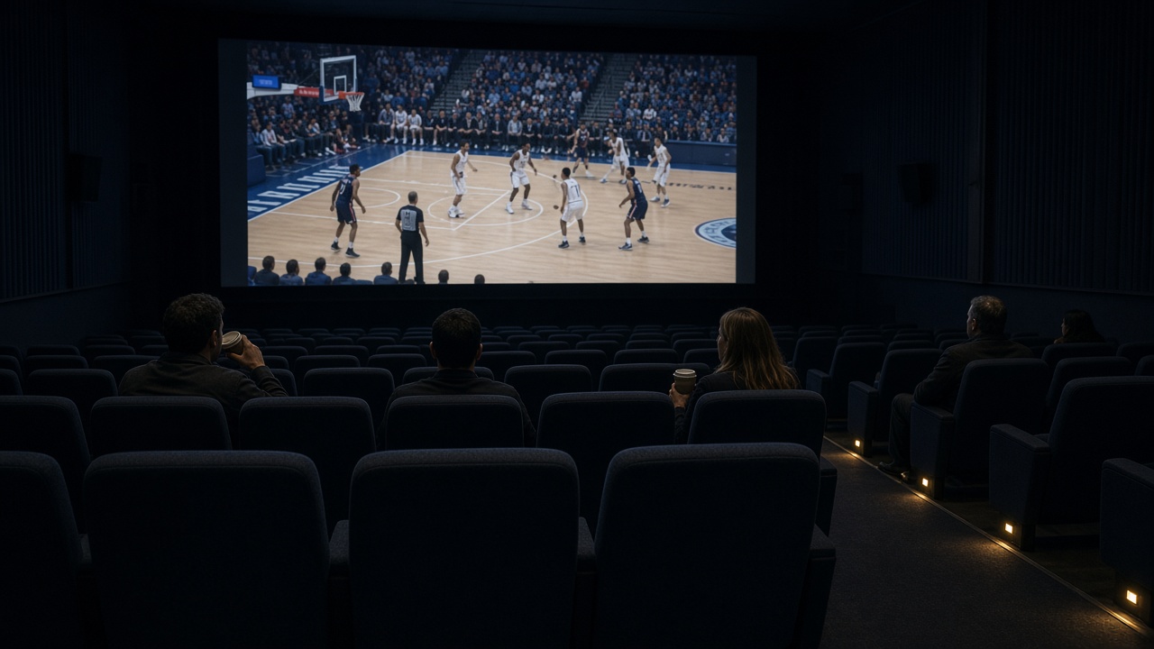 Nearly empty cinema auditorium with a bright basketball game projected on the big screen and a few morning commuters in seats with takeout coffee cups, dim aisle lights, no logos or readable text.