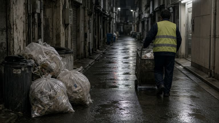 Photoreal pre-dawn scene in a narrow Kabukicho alley: clear plastic bags stacked beside an overflowing bin, a worker in a hi-vis vest pulling a cart, wet pavement reflecting neon from an adjacent building, no logos or readable text