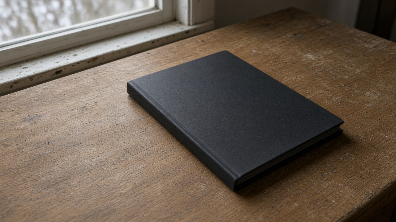 Closed unlabeled black hardcover notebook face-down on a wood desk, blank cover, overcast window light, no people, no logos, no readable text