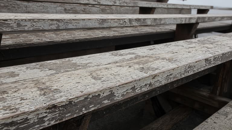 Empty scuffed wooden bleacher plank in overcast daylight, no people, no logos, no readable text