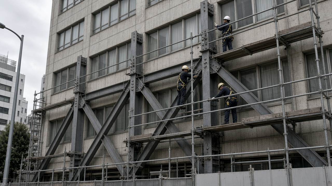Steel seismic retrofit braces being bolted onto an older mid-rise office building in Tokyo, overcast daylight, workers in helmets, no logos or readable text.