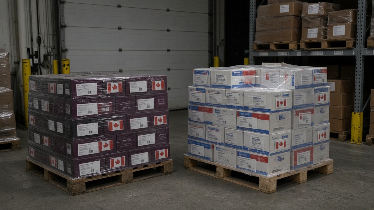 Forklift pallets of boxed wine and dairy cartons at a U.S. border inspection warehouse with Canadian flags on shipping labels, under fluorescent warehouse lighting
