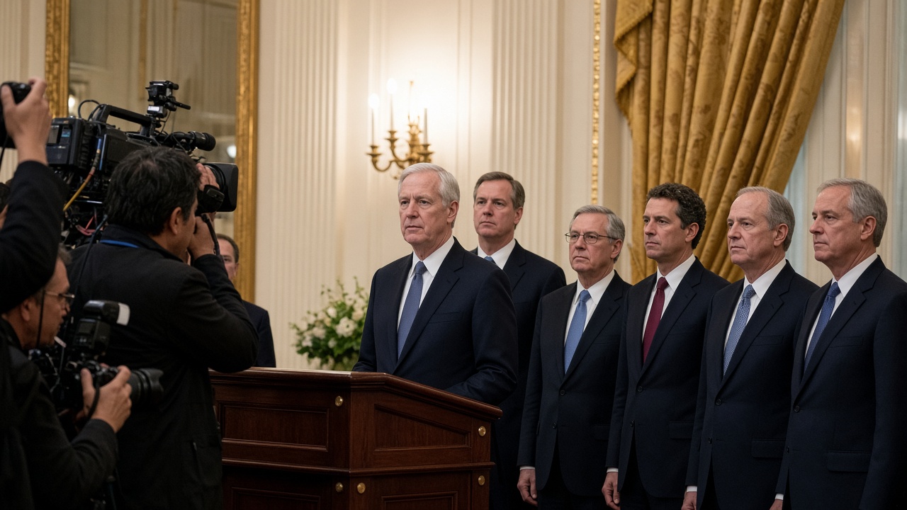 President Donald Trump speaks beside tech executives after a White House lunch where they signed a voluntary super-intelligence safety statement, photographers crowded at the edge of the room.