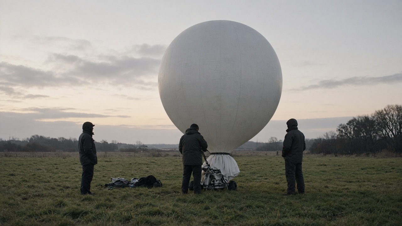 Large white weather balloon being prepared on a grassy field at dawn with technicians in jackets, soft morning light, no logos or readable text.