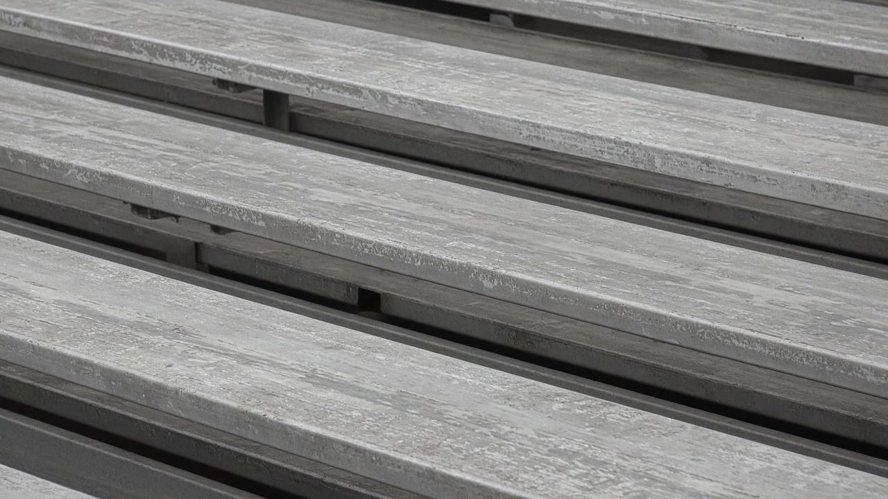 Empty scuffed wooden bleacher plank in overcast daylight, no people, no logos, no readable text