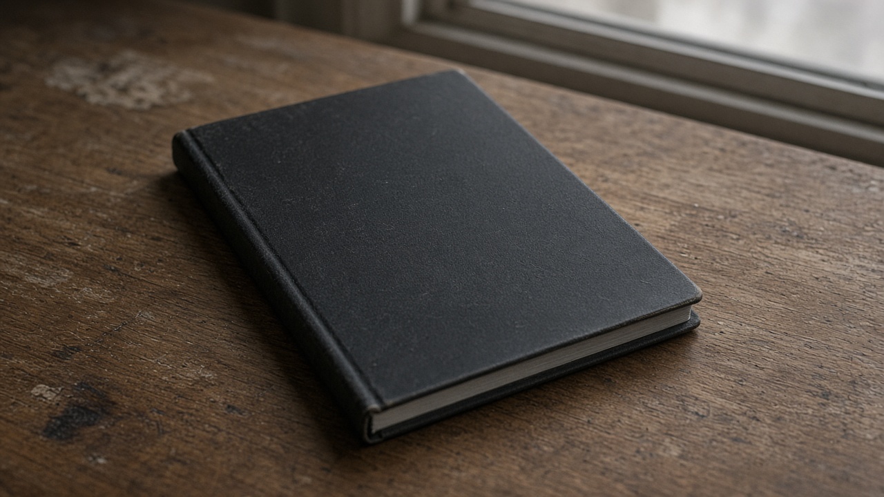 Closed unlabeled black hardcover notebook face-down on a wood desk, blank cover, overcast window light, no people, no logos, no readable text
