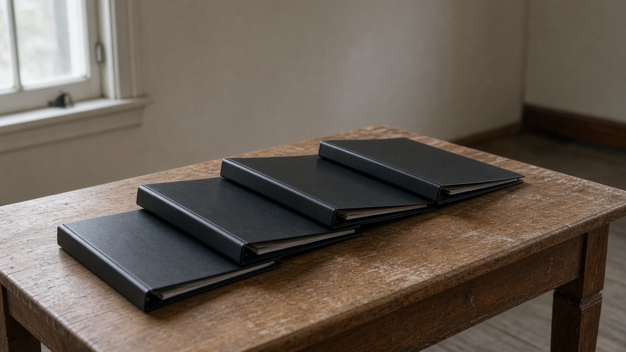 Close-up of closed blank black binders stacked on a wood table, overcast window light, no people, no logos, no readable text