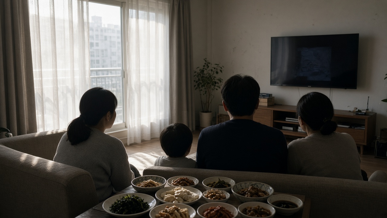 Korean apartment living room during daytime with family silhouettes seated toward a wall-mounted TV, holiday food trays on a low table, curtains half-drawn against bright afternoon sun, documentary wire photo, no readable screen content or logos