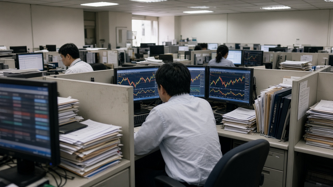 Broker back-office staff at cubicles with multiple monitors showing blurred charts in Taipei, fluorescent office lighting and paper stacks, no logos or readable text on screens