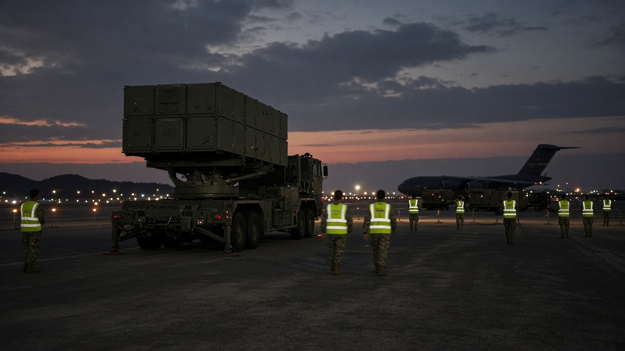 A Typhon midrange missile launcher sits on a Kadena Air Base flight line at dusk as U.S. airmen in reflective vests walk a perimeter cordon.