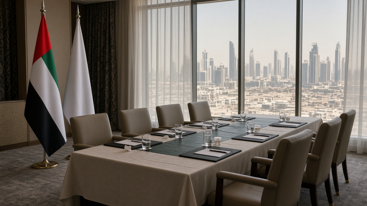 A wide photoreal news photograph of a formal diplomatic conference room in the United Arab Emirates, with empty chairs around a long table, a UAE flag and neutral flag stands, floor-to-ceiling windows showing a desert city skyline, no logos or readable text.