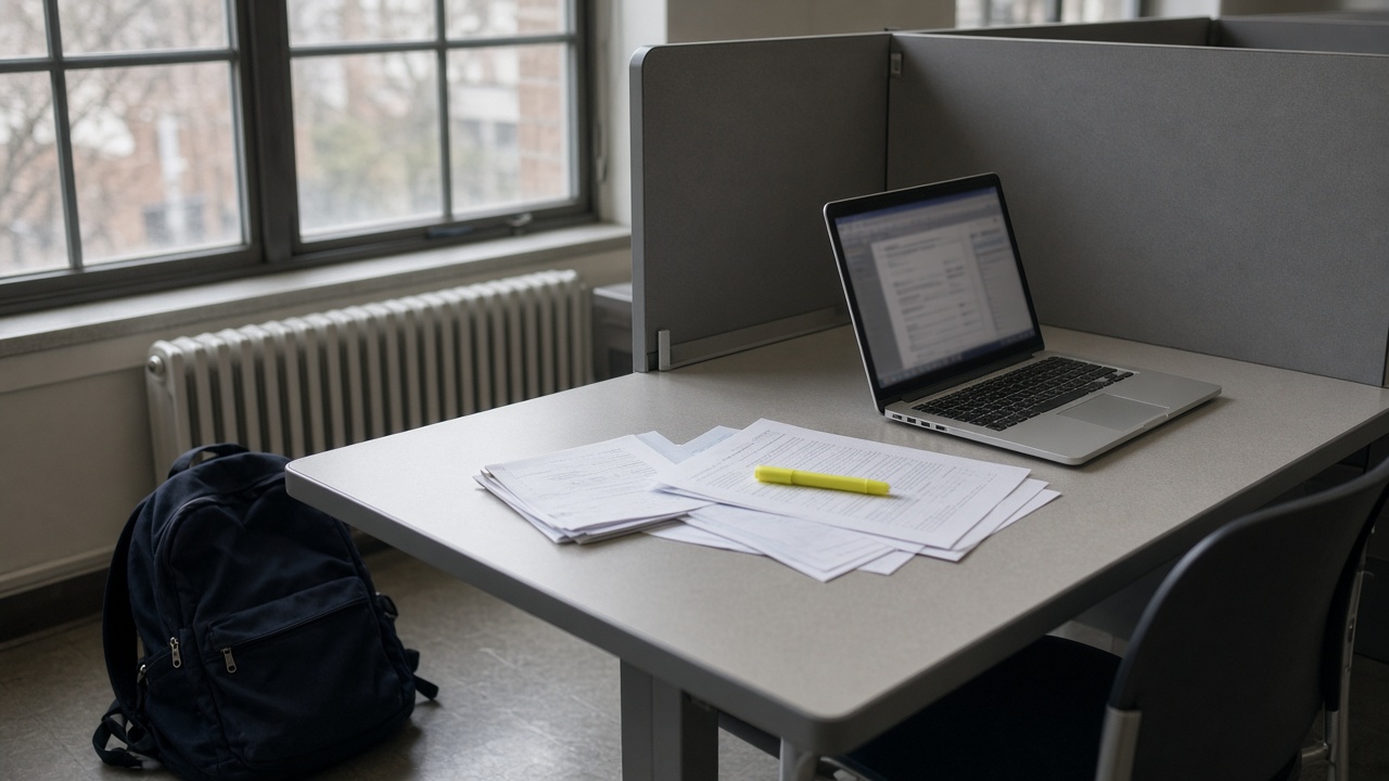 University library study carrel with an open laptop showing blurred reference software, printed syllabi and a highlighter on laminate desk, tall windows and backpack on floor, no logos or readable text