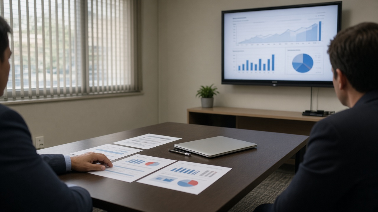 Government office conference table with printed benchmark charts and a closed laptop beside a wall-mounted screen showing blurred graphs, daylight through vertical blinds, no logos or readable text