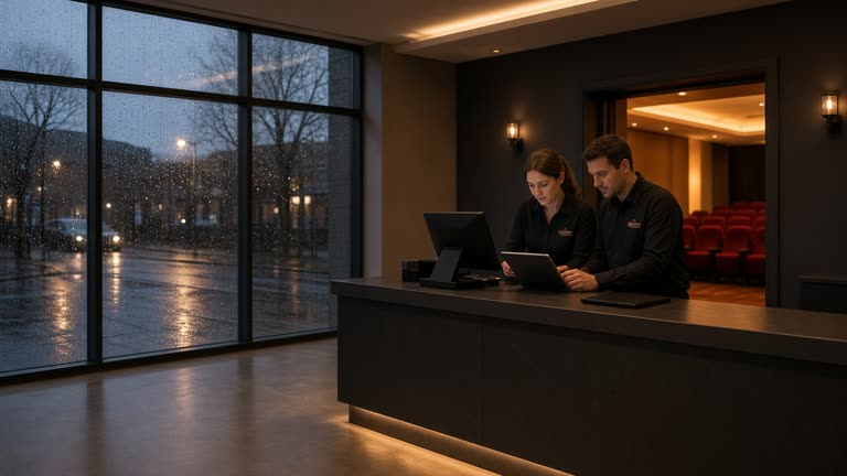 Photoreal UK cinema foyer at dusk, empty auditorium doorway with warm light, rain-streaked windows, staff member checking a tablet at the ticket desk, no logos or readable text.