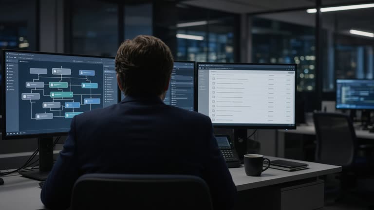 A British bank payments operations room late in the evening, two colleagues in shirtsleeves seen from behind at a long shared desk, several monitors showing abstract glowing blocks moving between two columns on a dark interface, a printed checklist, a notebook and a cooling mug of tea beside a keyboard, trailing cables along the desk edge, cool screen light against dim ceiling panels, documentary photojournalism, shallow depth of field, natural muted colours, no identifiable faces, no logos or readable text