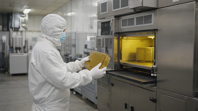 Operator in clean-room garb transferring wafer cassettes through a semiconductor fabrication bay with yellow safety lighting and stainless equipment, no logos or readable text