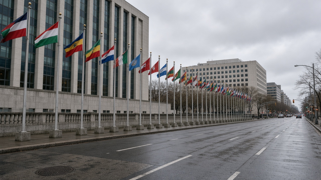 Overcast morning at the United Nations headquarters in New York, flags along First Avenue, sparse pedestrian traffic, no readable signage or logos.