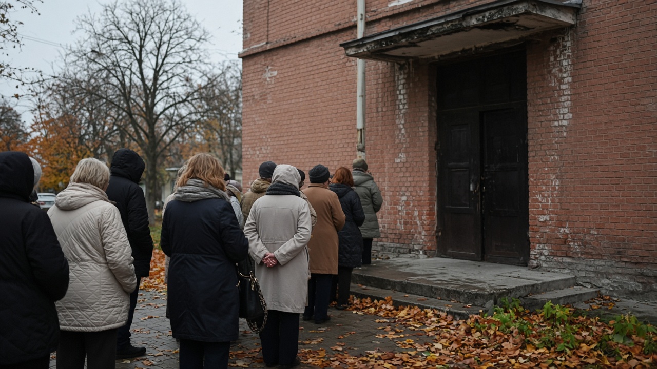 Voters queue outside a Soviet-era polling station in Moscow on an overcast autumn morning, coats and scarves, faded brick facade, no logos or readable text.