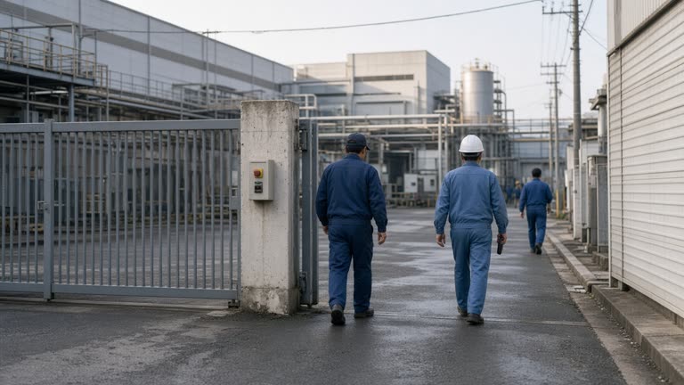 Japanese manufacturing plant exterior with workers in uniforms entering a gate, faces not identifiable, no company signage readable.