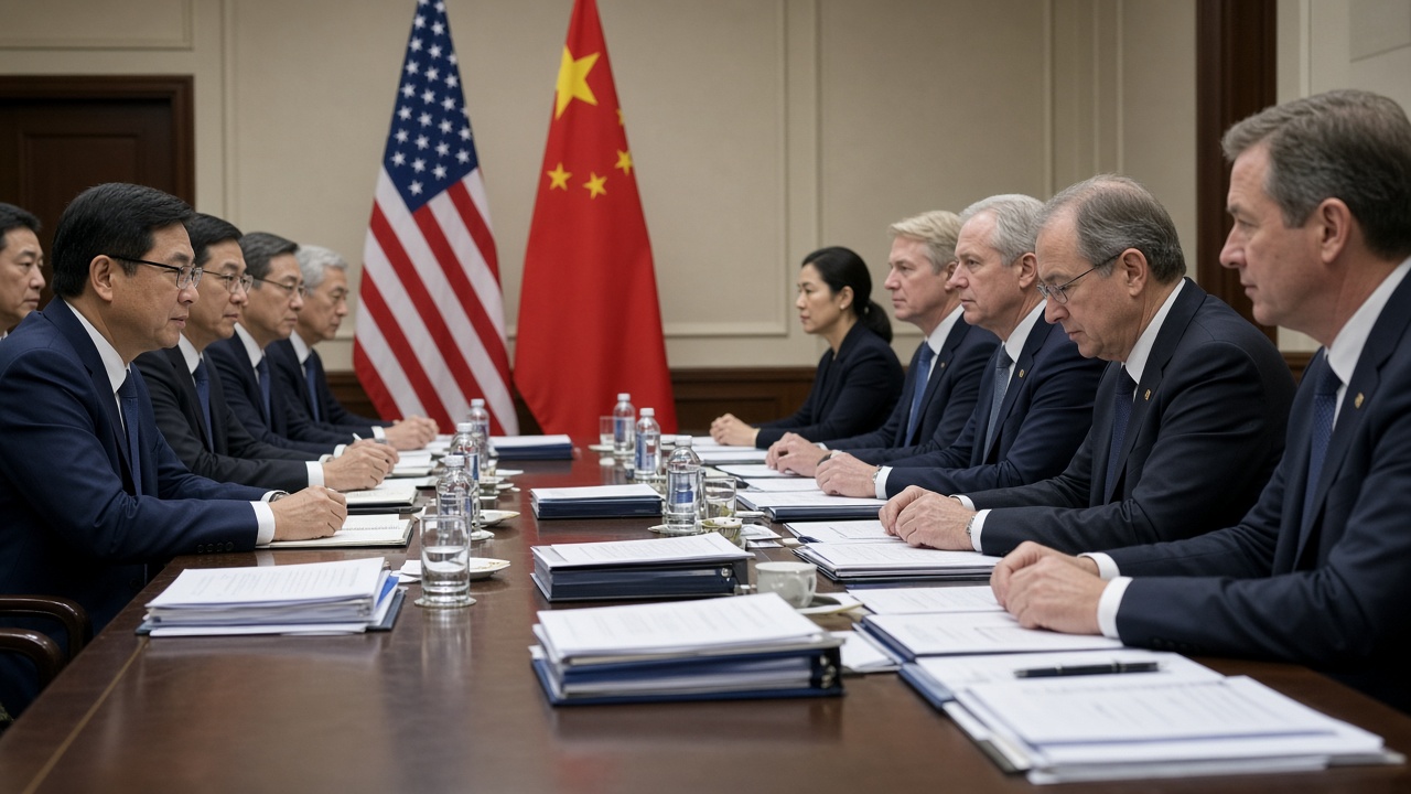 US and Chinese officials seated at a long conference table with national flags and binders during trade talks in a Washington meeting room