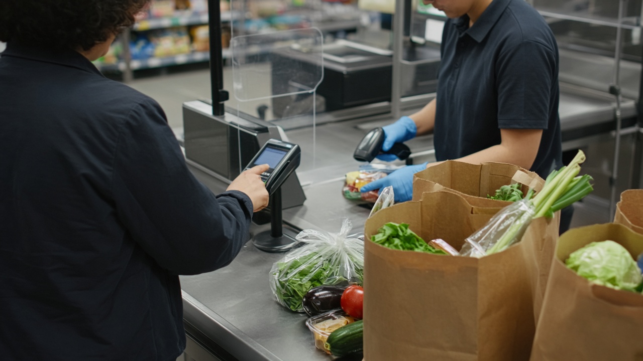 Photoreal supermarket checkout lane shot from behind the conveyor belt: a shopper's hand tapping a payment terminal while a cashier scans groceries, plastic bags and a full cart in frame, cool fluorescent light, shallow depth of field, no logos or readable text.