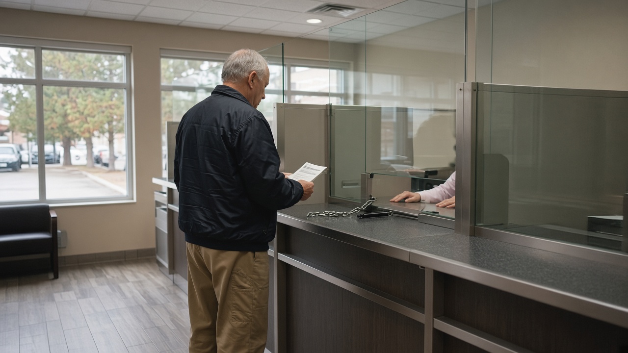 Photoreal bank branch interior in flat afternoon light: a customer at the teller counter holding a pamphlet, pens on a chain, laminate floor, teller's hands visible behind glass, no logos or readable text.