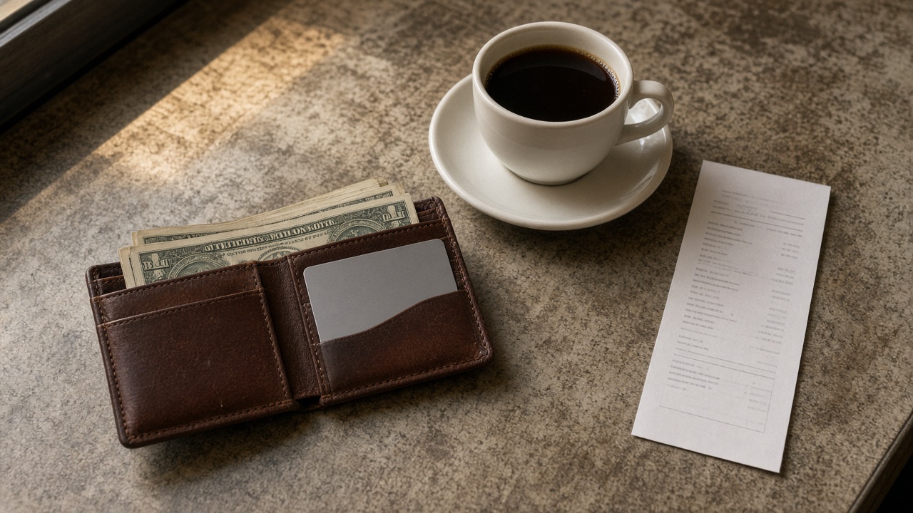 Photoreal overhead shot of a diner counter: an open wallet with folded cash next to a plain gray debit card, a coffee cup and a paper receipt, scratched formica surface, warm window light, no logos or readable text.