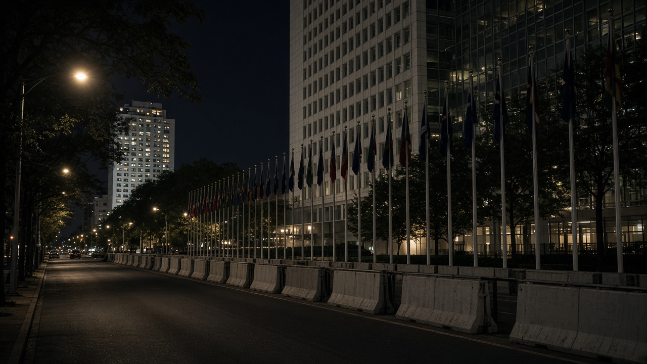 Night view of the United Nations headquarters complex in New York with delegate flags lining First Avenue and security barriers under streetlights