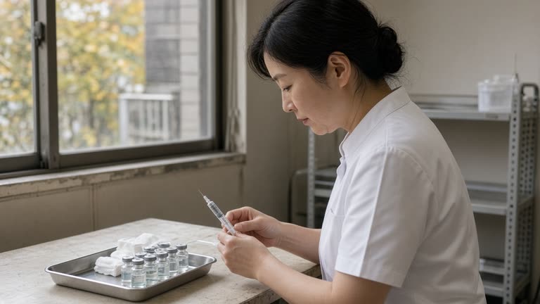 A public health nurse in a Tokyo clinic prepares a trivalent influenza vaccine syringe beside a tray of vials, autumn light through a window, no logos or readable text.