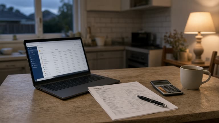 Photoreal wide shot of a suburban Australian kitchen table at dusk: an open laptop showing an unreadable banking dashboard, a printed home loan statement, a calculator, a pen and a half-full mug of tea, warm lamp light from the side, shallow depth of field, no logos or readable text