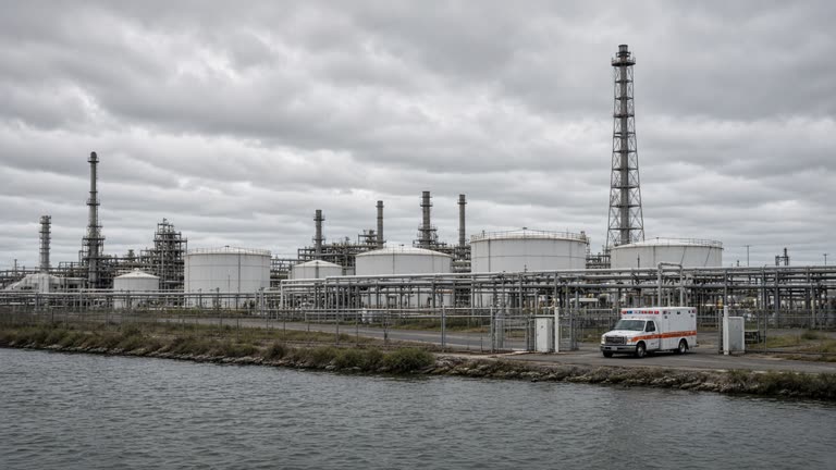 Photoreal daytime view across Corio Bay toward an industrial oil refinery, flare stack and white storage tanks visible above pipework under low grey cloud, an emergency vehicle parked near the site gate, no logos or readable text.