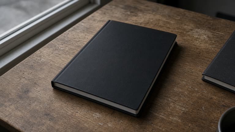 Closed unlabeled black hardcover notebook face-down on a wood desk, blank cover, overcast window light, no people, no logos, no readable text