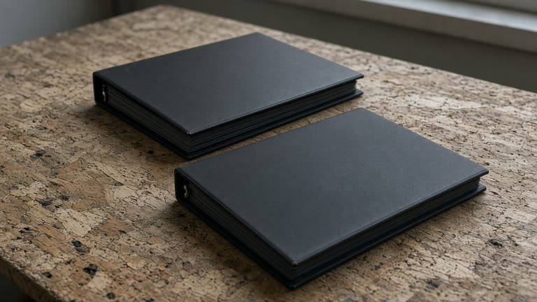 Two closed blank black ring binders on their sides on a wood table, overcast window light, no people, no logos, no readable text