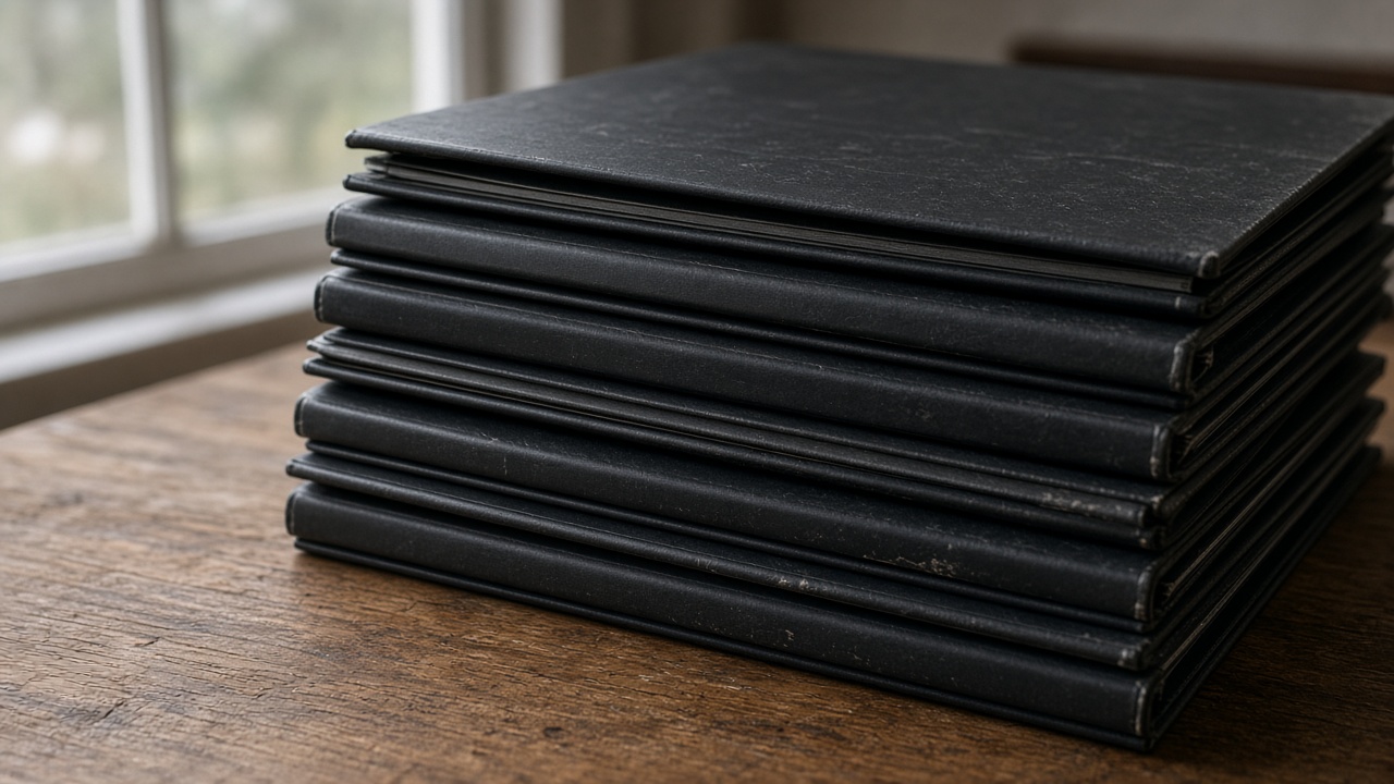 Close-up of closed blank black binders stacked on a wood table, overcast window light, no people, no logos, no readable text