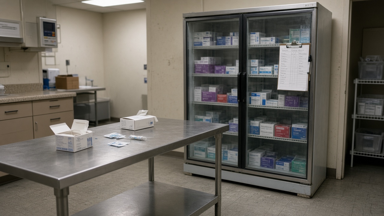 A suburban pharmacy back room with a glass-door vaccine fridge, nasal swab kit boxes on a stainless bench, fluorescent ceiling light, handwritten temperature log clipped to the door, scuffed linoleum, no logos or readable text