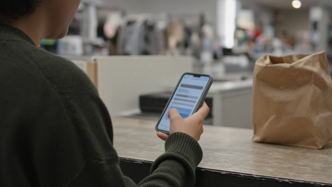 Person holding a smartphone with a blurred banking app screen at a retail counter, ambient store lighting, shopping bag nearby, no logos or readable text