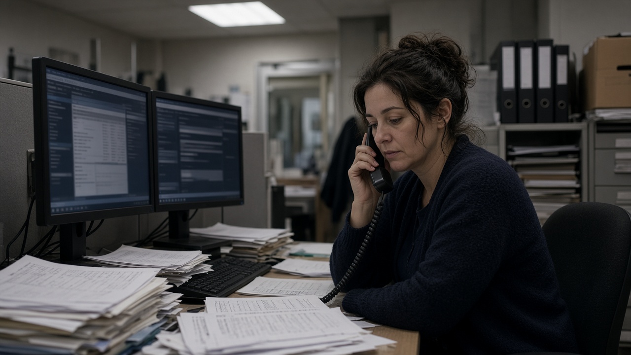 Back-office payroll clerk on a phone call beside dual monitors in a dim Melbourne hospitality office, fluorescent light, paper timesheets stacked, screens without readable text, no logos