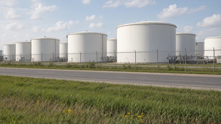 Rows of white fuel storage tanks behind a chain-link fence near a highway under bright afternoon sun, grass verge in foreground, no logos or readable text