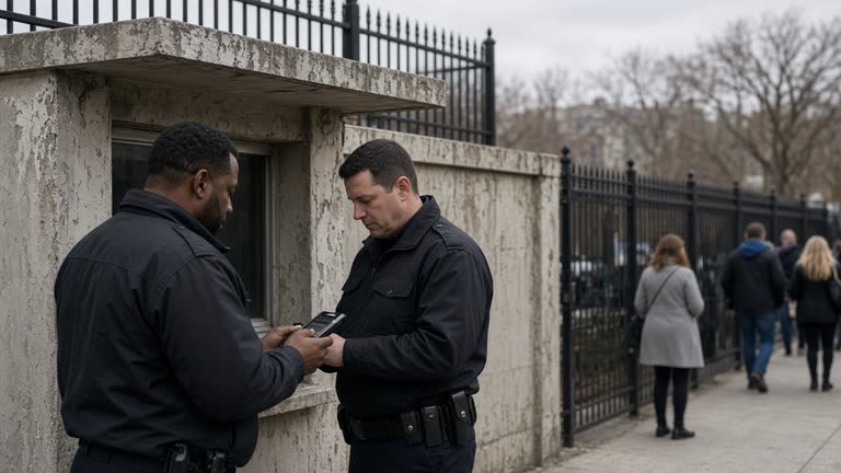 Northwest Gate security booth at the White House fence line on an overcast morning, uniformed officers at a credential scanner, worn concrete and black iron fencing, tourists blurred in background, no logos or readable text