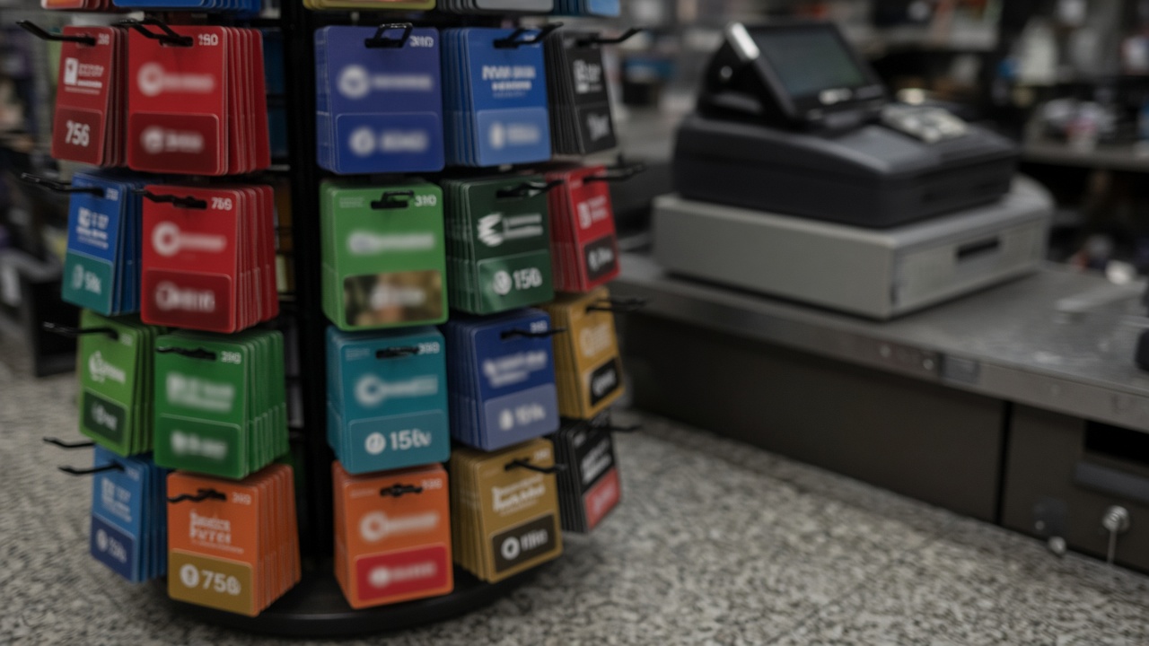 Close view of plastic gift cards fanned on a retail counter under fluorescent light, logos and amounts blurred beyond readability, no recognizable brands