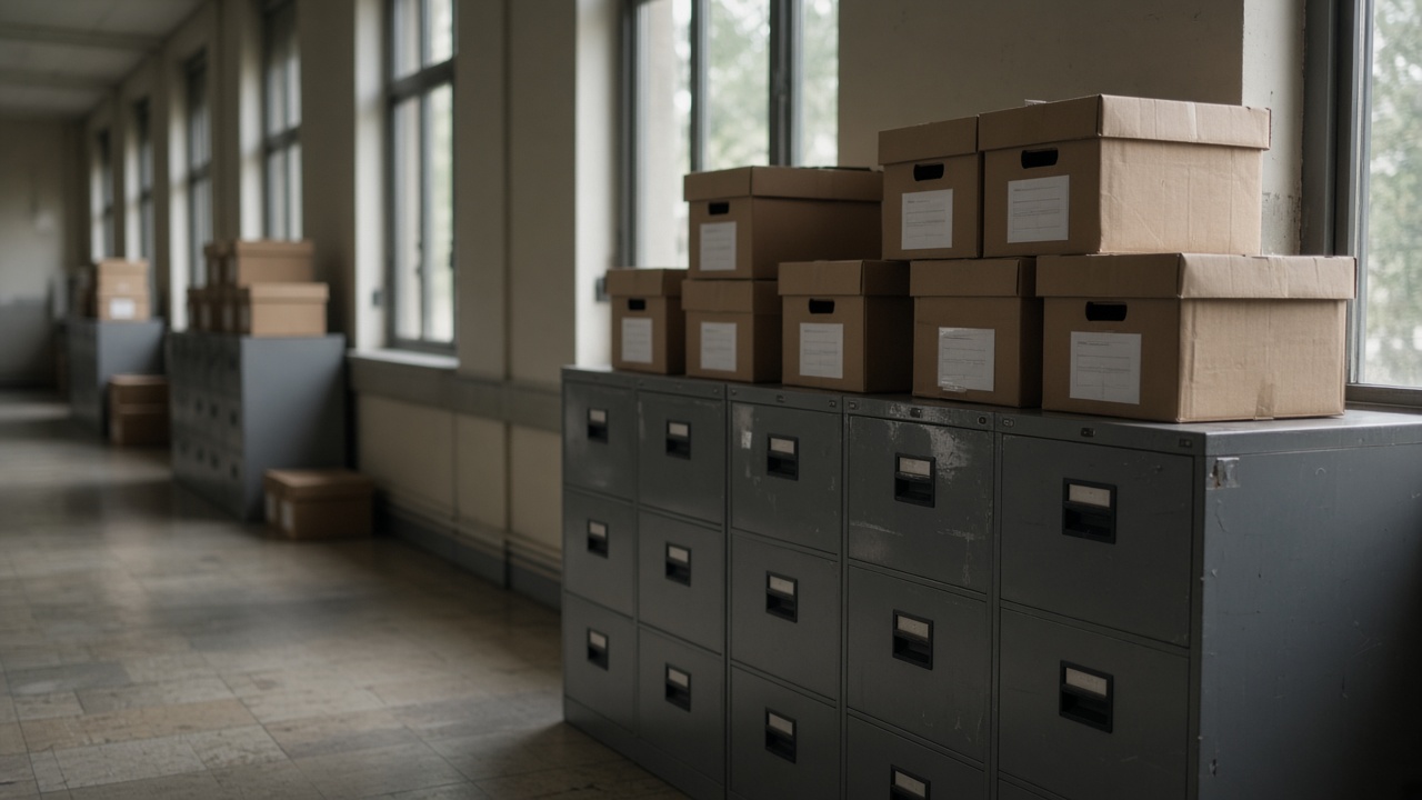 State capitol corridor with filing cabinets and cardboard archive boxes in soft daylight, no readable labels or seals