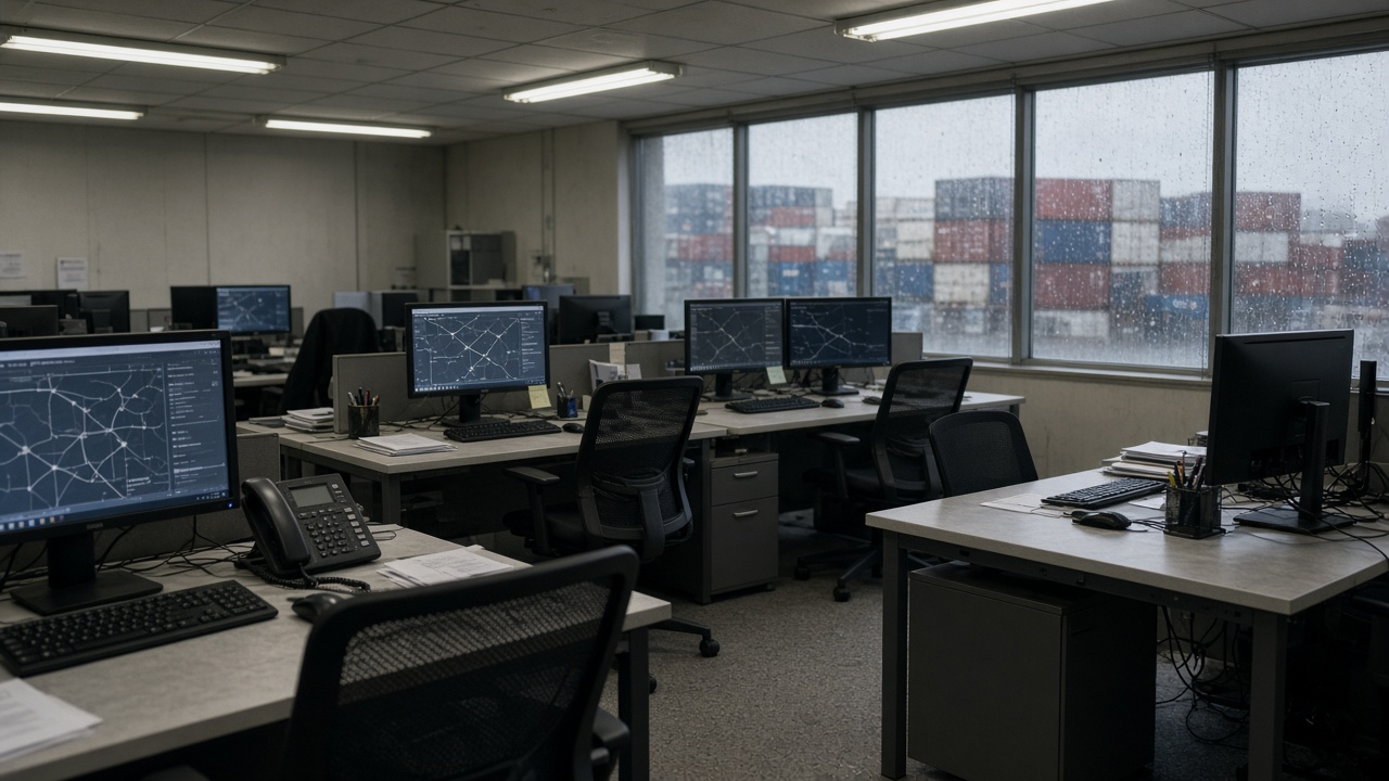 Rows of freight forwarding office desks with monitors showing cargo tracking maps, shipping containers visible through rain-streaked windows, fluorescent office lighting, no logos or readable text