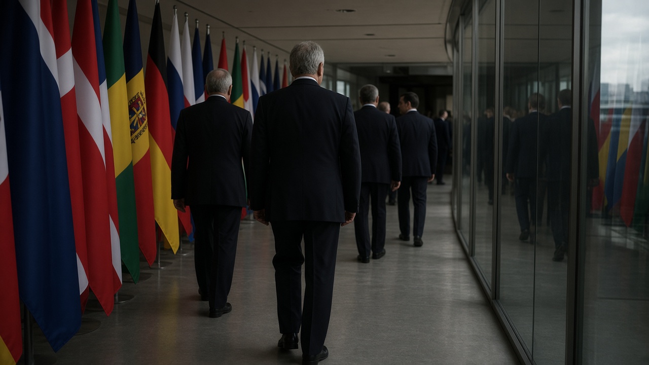 United Nations delegates corridor with diplomats in dark suits walking past muted flags, glass walls reflecting overcast sky, documentary wire photo, slight underexposure, no readable badges